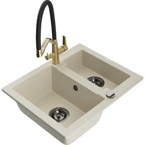 Mexen Carlos гранитна мивка с 1,5 камери с кухненска батерия Duo, бежова - 6518-69-671701-57-B