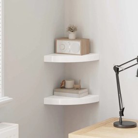 323887 vidaXL Плаващи ъглови рафтове, 2 бр., бяло, гланц, 25x25x3,8 см, MDF