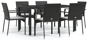3184978 vidaXL Градински трапезен комплект 7 части възглавници черен полиратан