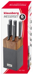 Комплект ножове Klausberg KB 7982, 6 части, Неръждаема стомана, Стойка от акациево дърво, Графит/кафяв
