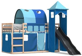 3284162 vidaXL Двуетажно легло с пързалка и завеси, синьо, 90x200 см