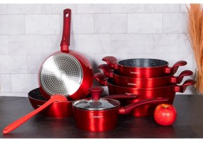 Комплект тенджери и тигани Royalty Line FD10, 10 части, Лят алуминий, Greblon мраморно покритие, Индукция, Червен