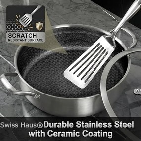 Плитка тенджера Swiss Haus SH-ZGLC24, 24 см, 2.9 л, Sapphire-керамично покритие, Стъклен капак, Фурна до 260C, Индукция, Сребрист