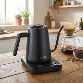 Електрическа кана за вода Graef Pour-over GK502, 1200W, 900 мл, 40-100°C, Keep Warm, Филтър, Чучур тип "Лебедова шия", Черен мат