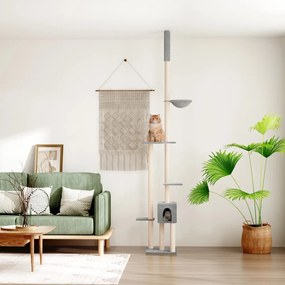 171718 vidaXL Котешко дърво тип "от пода до тавана" светлосиво 258,5-284,5 см
