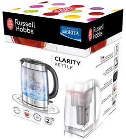 Стъклена електрическа кана с филтър Russell Hobbs Clarity 20760-57, 2200W, 1L, Осветена, Скрит нагревател, SCHOTT DURAN, Филтър BRITA, Инокс