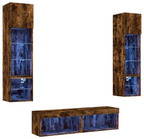 3216626 vidaXL ТВ стенни модули с LED, 6 части, опушен дъб, инженерно дърво