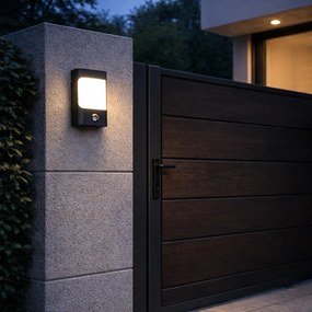 Стенна лампа черна с LED IP44 с датчик за движение - Khuvan