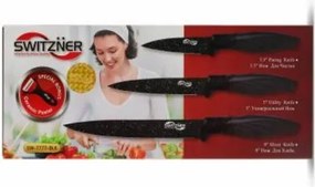 Комплект ножове и белачка Switzňer SW-5555-BLK, 4 части, Белачка, Керамично покритие, Лазерно заточване, Неръждаема стомана, Черен