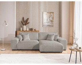 Светлосив разтегателен ъглов диван от рипсено кадифе с място за съхранение (десен ъгъл) Sarina – Ropez