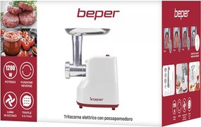 Месомелачка с приставка за домати Beper P102ROB200, 1200W, 3 ножа, ABS, Обратна функция, Бял