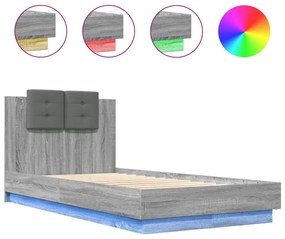 3210071 vidaXL Рамка за легло с табла и LED осветление, сив сонома, 75x190 см