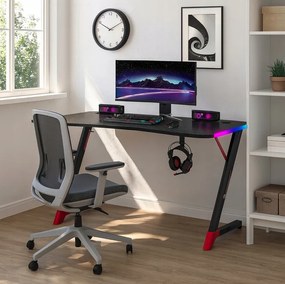 Черна геймърска маса, PC маса с RGB LED осветление Šírka: 140 cm