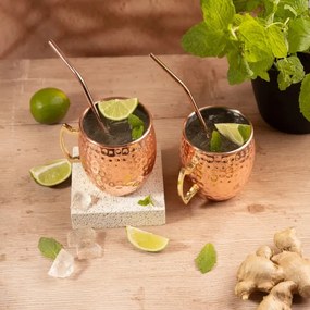 Комплект чаши за Moscow Mule Kinghoff KH 2000, 2 бр, 500мл, 2 сламки, Неръждаема стомана, Меден цвят
