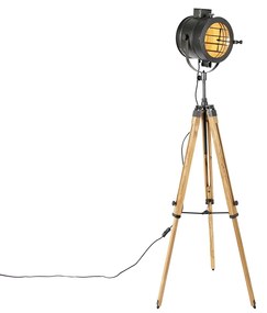 Подова лампа-трипод черна с дървено студийно спот - Radient