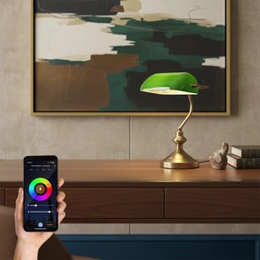 Интелигентна класическа настолна лампа бронз със зелено стъкло с Wifi A60 - Banker