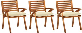 3060832 vidaXL Градински трапезни столове с възглавници, 3 бр, акация масив