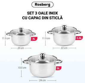 Комплект тенджери Rosberg R51210O6, 6 части, 3-5 L, Стъклен капак, Инокс