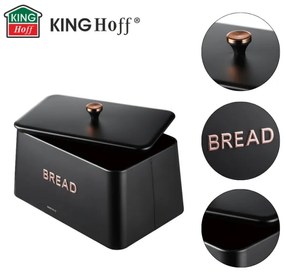 Кутия за хляб Kinghoff KH 1949, 35 см, Метално тяло, Бамбуков капак, Черен