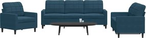 3278360 vidaXL Комплект дивани от 3 части, с възглавници, син, кадифе