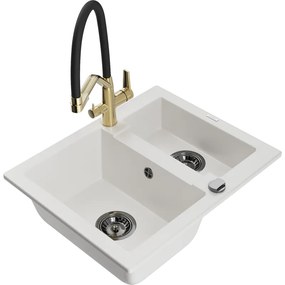 Mexen Carlos гранитна мивка 1,5-камерна с кухненски смесител Duo, бял - 6518-20-671701-57-B