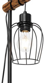 Ръстична настолна лампа черна с дърво - Stronk