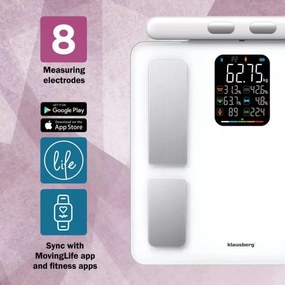 Кантар - анализатор Klausberg KB 7857, До 180 кг, Bluetooth, Android/iOS, LCD дисплей, 14 телесни стойности, Бял