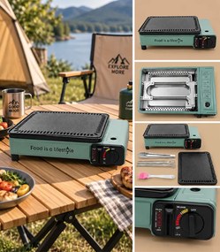 Къмпинг газова горелка с мощност 2200 W, с решетка за печене, захранвана с газови патрони, с чанта за пренасяне