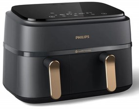 Двоен фритюрник с горещ въздух Philips NA352/00, 2750 W, 6+3 л, 80-200C, 1.5 кг, 8 програми, Сензорен дисплей, Копиране и синхронизиране, Черен