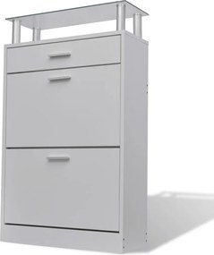 241244 vidaXL Шкаф за обувки с чекмедже и горен стъклен плот, дърво, бял