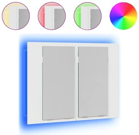 804961 vidaXL Шкаф с LED огледало за баня, бял гланц, 60x12x45см, акрил