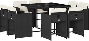 3211194 vidaXL Градински трапезен комплект възглавници 9 части черен полиратан