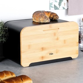 Метална кутия за хляб с бамбуков капак, черен мат, 35x22x20.5см