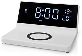 Nedis WCACQ20WT - Будилник с LCD дисплей и безжично зарядно 15W/230V бял