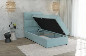 Светлосиньо единично тапицирано легло с място за съхранение с включена подматрачна рамка 90x200 cm Lena – Ropez