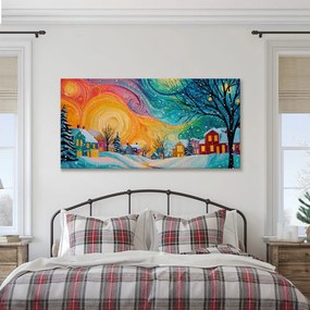 Картина на платно Коледна – Цветни къщи в магическа нощ