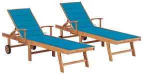 3073190 vidaXL Шезлонги със сини шалтета, 2 бр, тиково дърво масив