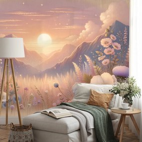 Тапет – Пастелен пейзаж с цветя при залез