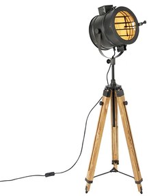Подова лампа на триножник черна с дървена студийна лампа - Radient