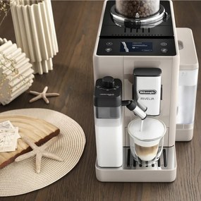 Еспресо машина DeLonghi Rivelia Sand Beige EXAM440.55.BG, 1450W, 19 bar, 1.4l, Тъчскрийн TFT, Twin Shot, Bean Adapt, LatteCrema Hot, 17 напитки, Бежов