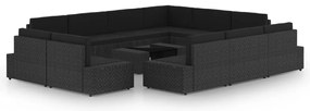 3067141 vidaXL Градински комплект с възглавници, 12 части, полиратан, черен