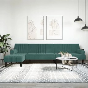 3157244 vidaXL Г-образно разтегателно канапе тъмнозелено 260x140x70 см кадифе