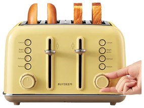 Тостер за хляб BUYDEEM DT640E, 1800W, 4 слота, 7 автоматични програми, 7 степени на препичане, LED индикатори, Тави за трохички, Високо изскачане, Жълт