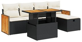 3328148 vidaXL Градински диван с възглавници, 6 части, черен, полиратан