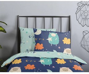 Синьо единично удължено памучно детско спално бельо 140x220 cm Sheep – Good Morning