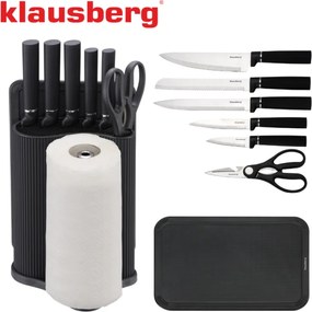 Комплект ножове Klausberg KB 7977, 8 части, Неръждаема стомана, Стойка, Държач за кухненска хартия, Черен