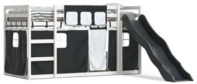 3284110 vidaXL Двуетажно легло с пързалка и завеси, бяло и черно, 90x200 см