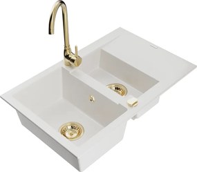 Mexen Gaspar гранитна мивка с 1,5 камери и отцедник и кухненски смесител Telma, бял - 6507-20-670200-50