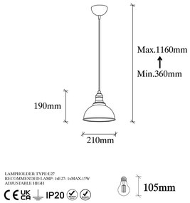 Висящо осветително тяло в бронзов цвят с метален абажур ø 21 cm Varzan – Opviq lights