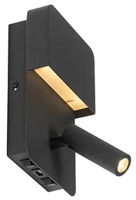 Стенна лампа черна с LED с USB и лампа за четене с превключвател - Robin
